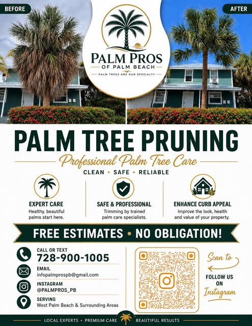 Palm Pros promotional pruning flyer featuring before-and-after imagery, free estimates, and contact details